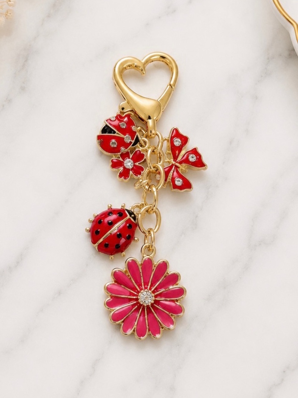 Bag Charm/Keyring- Red Enamel Floral & Ladybug Charms on Gold Hardware